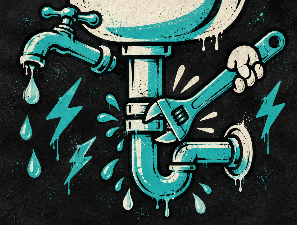 Hand-drawn illustration of hands clearing a roof gutter